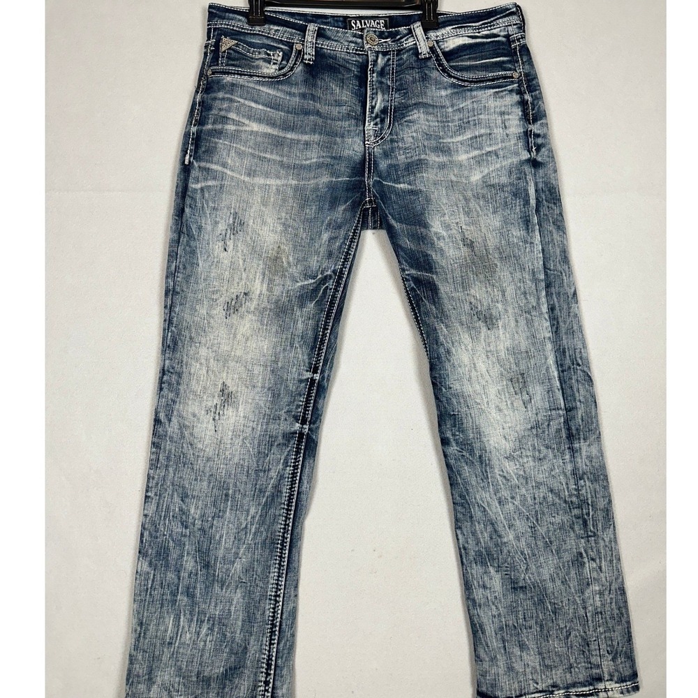 Salvage Anarchy Jeans Mens 36 Blue Acid Wash Straight Relaxed Distressed Stretch